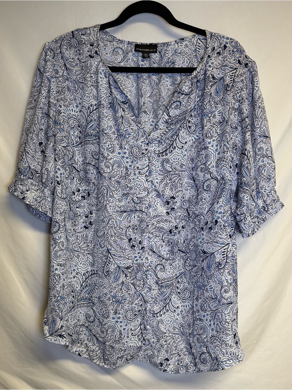 Fortune + Ivy Blue Paisley V-Neck Blouse